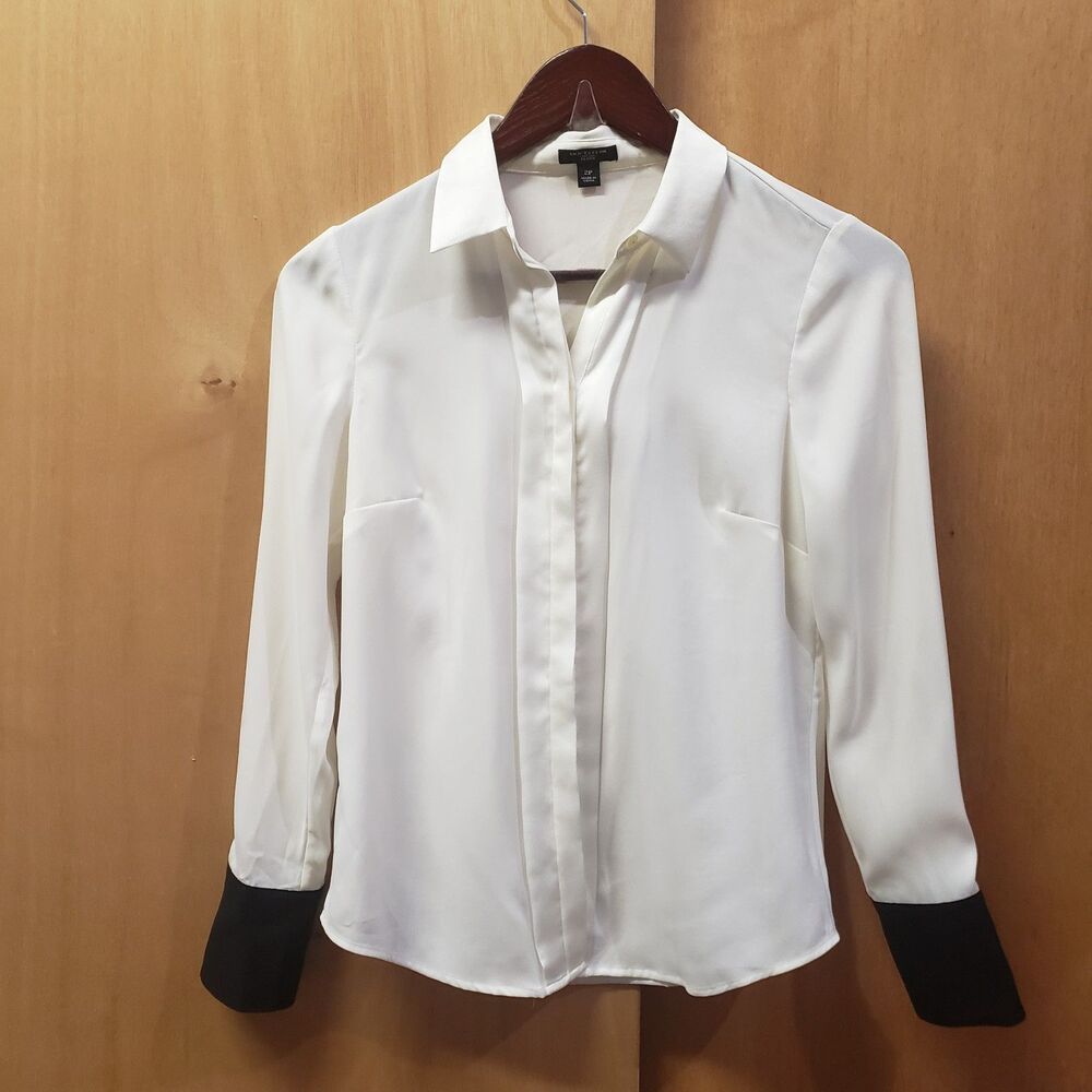 Ann Taylor white long-sleeve blouse W contrasting black cuffs Sz 2P #C1